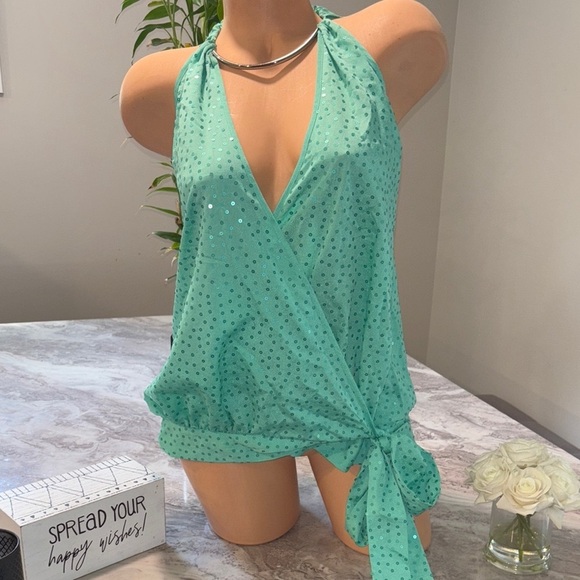 Vintage Arden B Teal Sequin Halter Top - Picture 1 of 9